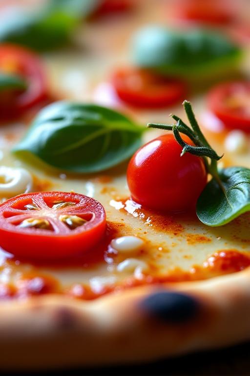 Dettaglio di una pizza gourmet con ingredienti freschi
